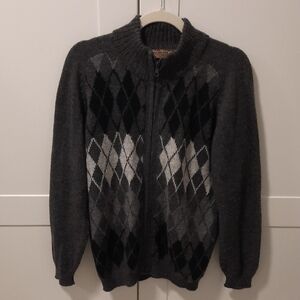 Women's Baby Alpaca Dark Gray Argyle Zip-Front Sweater
